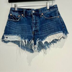 Free People Distressed Denim Daisy Duke Lace Button Fly Shorts - Size 27